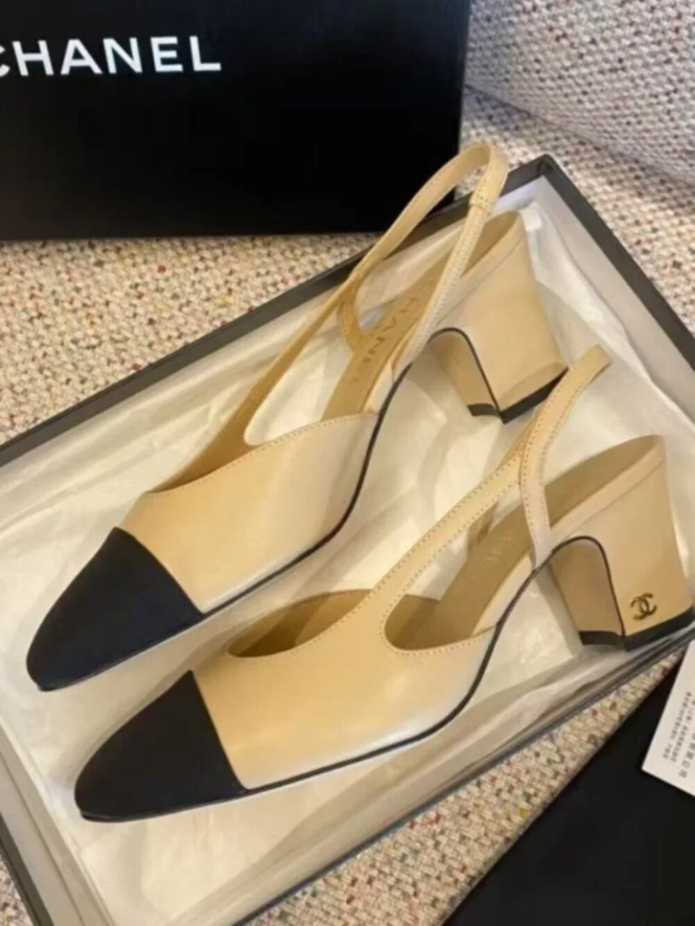 CHANEL Two-Tone Cap Toe Block Heel Slingback Pumps